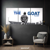Virat Kohli wall poster by Dripster featuring the text The GOAT in blue on a black and white cricket stadium background